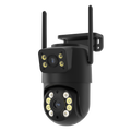 Câmera preta com duas antenas e duas lentes (uma retangular fixa na parte superior com quatro LEDs, outra redonda giratória na parte inferior com oito LEDs), fotografada em ângulo de três quartos sobre fundo branco