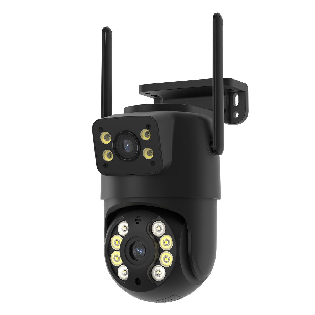 Câmera preta com duas antenas e duas lentes (uma retangular fixa na parte superior com quatro LEDs, outra redonda giratória na parte inferior com oito LEDs), fotografada em ângulo de três quartos sobre fundo branco