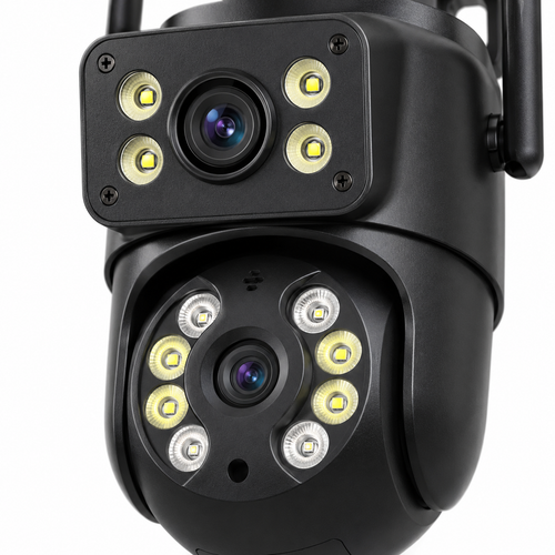 Foto em close das duas lentes da câmera: a lente retangular fixa superior com quatro LEDs, e a lente redonda giratória inferior com oito LEDs