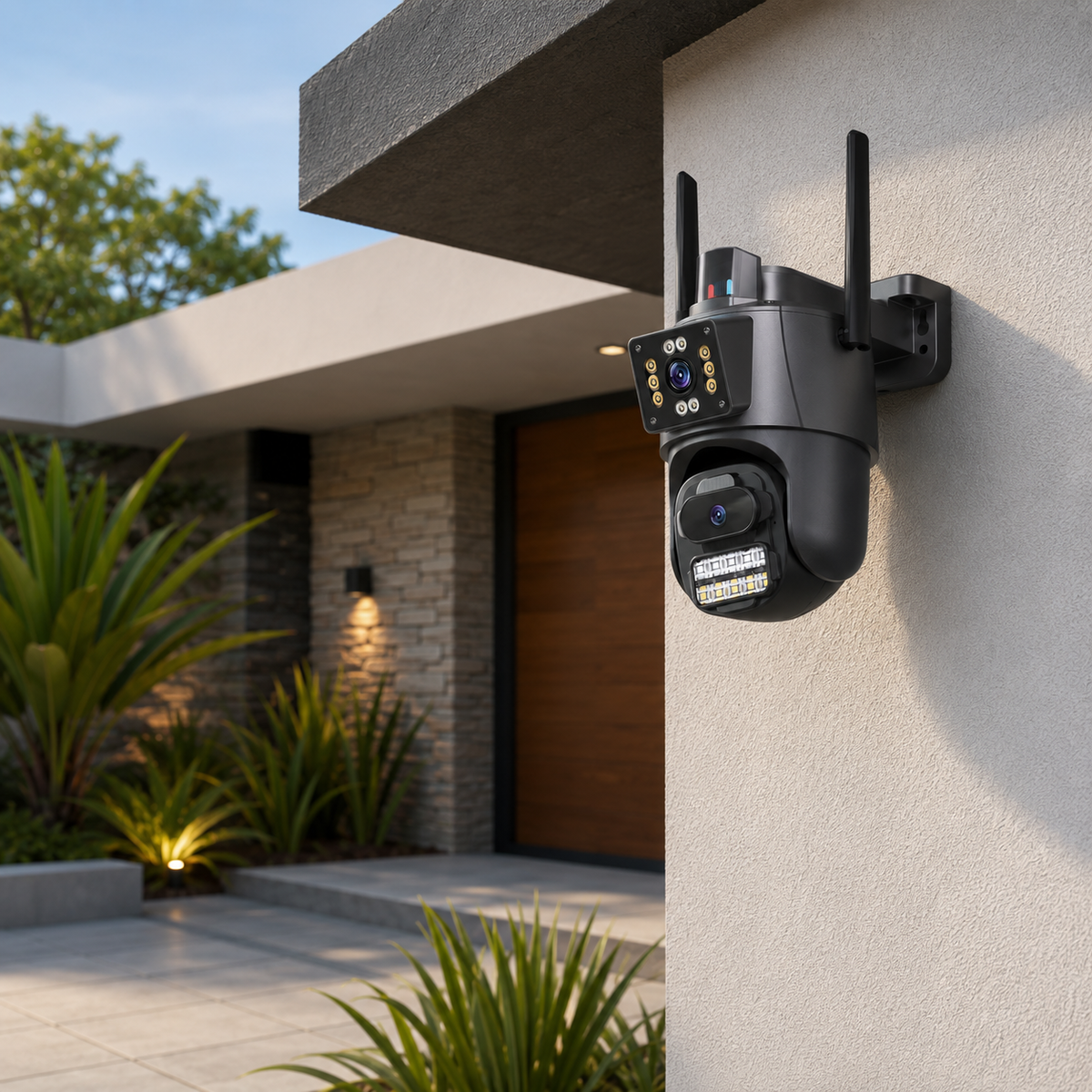 Câmera cinza-escura de duas lentes instalada na parede externa de uma casa, próxima a uma porta de madeira, plantas e uma luminária de jardim acesa