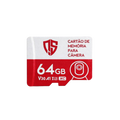 Cartão de memória microSD vermelho e branco de 64GB para câmera, com ícone de câmera e selos V30, A1, U3 e XC, fotografado sobre fundo branco