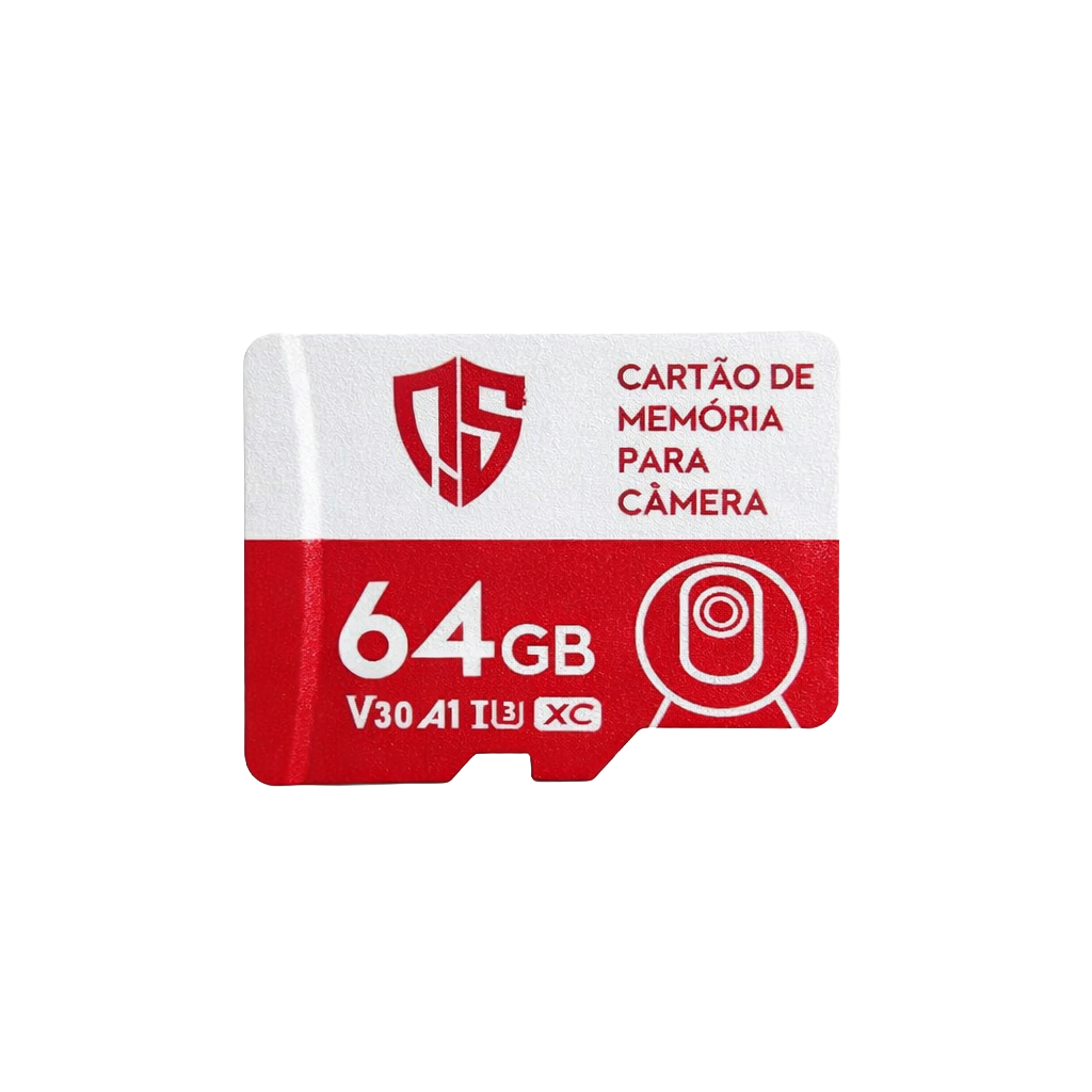Cartão de memória microSD vermelho e branco de 64GB para câmera, com ícone de câmera e selos V30, A1, U3 e XC, fotografado sobre fundo branco