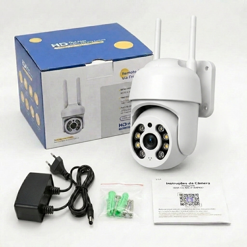 Caixa do produto ao lado da câmera branca com duas antenas, fonte de alimentação preta, saco com buchas e parafusos, e manual de instruções