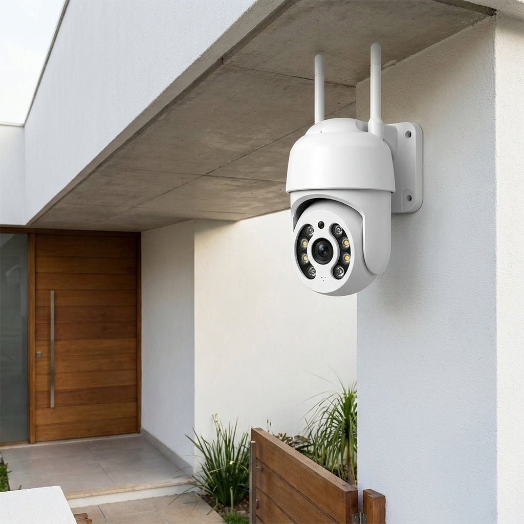 Câmera branca com duas antenas instalada sob o beiral de uma casa, ao lado de uma porta de madeira e plantas próximas a um portão de madeira
