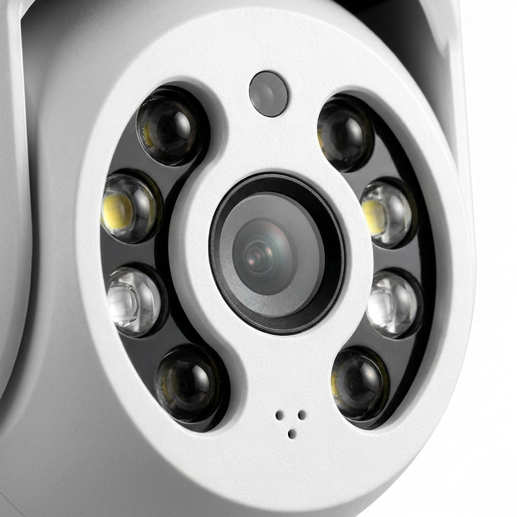 Foto em close do anel de LEDs ao redor da lente da câmera, mostrando os LEDs individuais e o sensor acima da lente