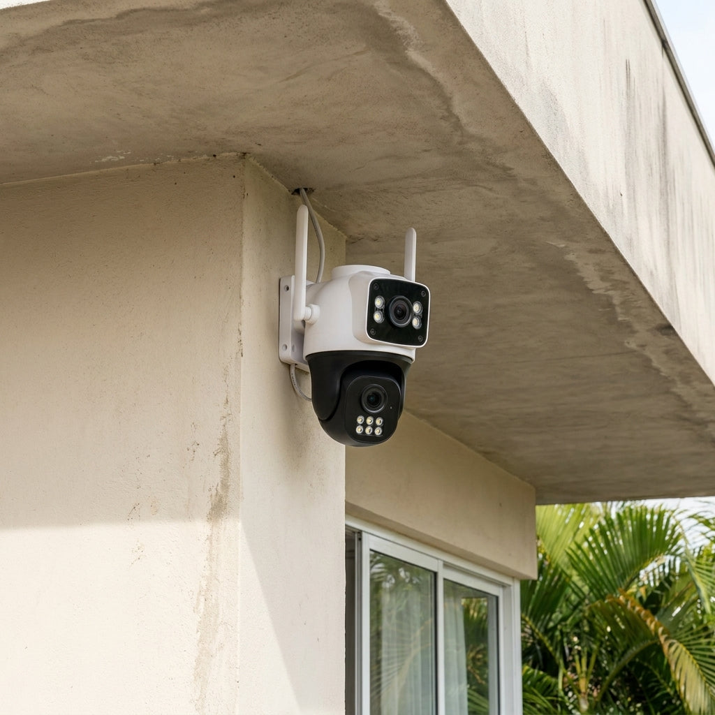 Câmera branca e preta de duas lentes instalada sob o beiral de uma casa, próxima a uma janela de vidro e a uma palmeira